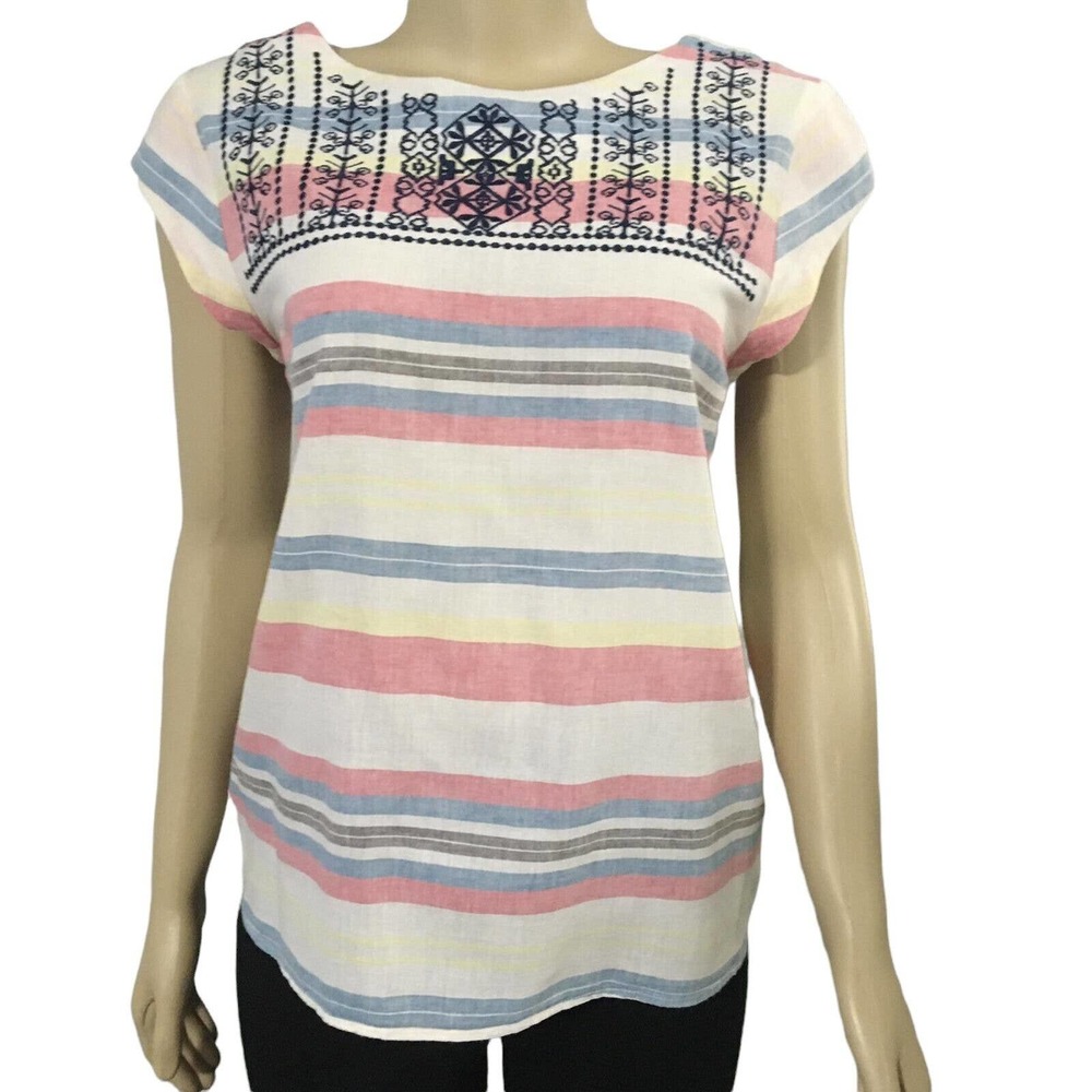 James Coviello Women's Top Medium Ivory Striped Embroidered Cap Sleeve Light